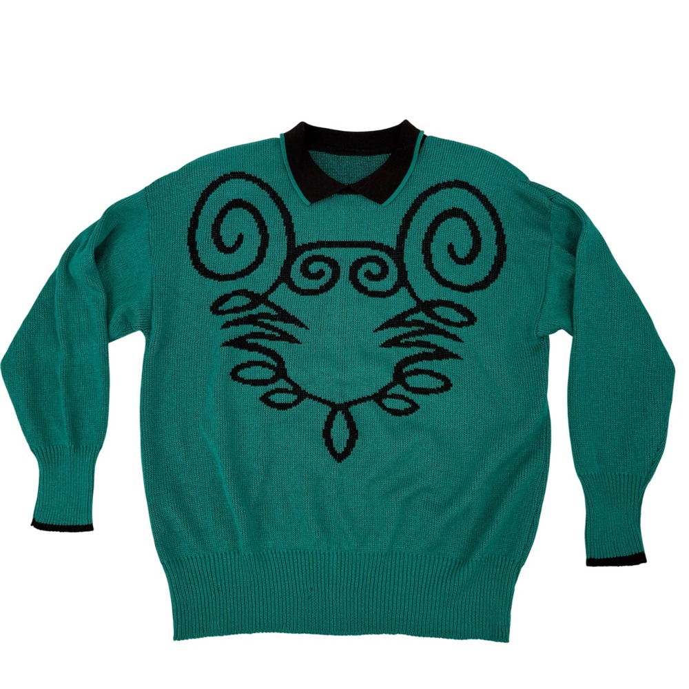 Vintage‎ Knit Sweater Green Black Abstract Pattern Long Sleeve Pullover